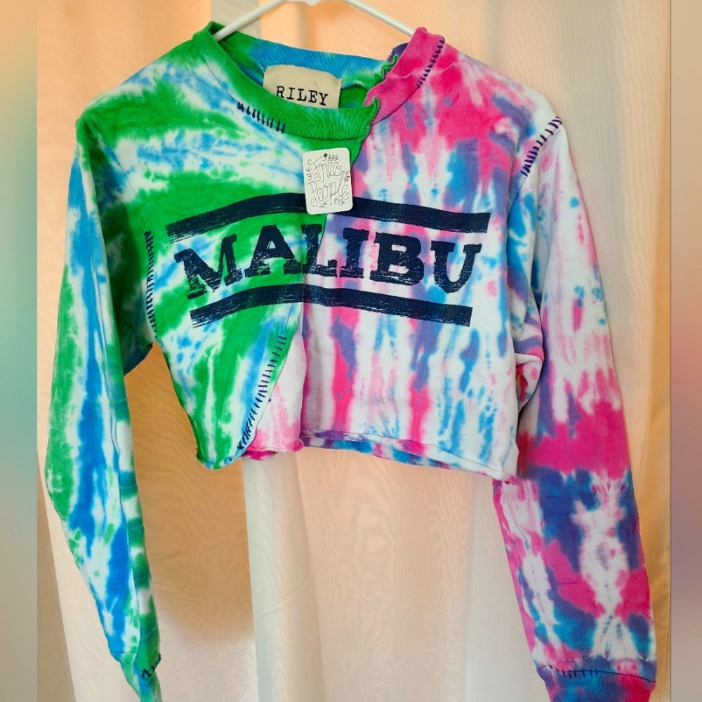 NWT XS Free People SOLD OUT Riley 1880 MALIBU Crop Tie Dye Sweatshirt Rainbow